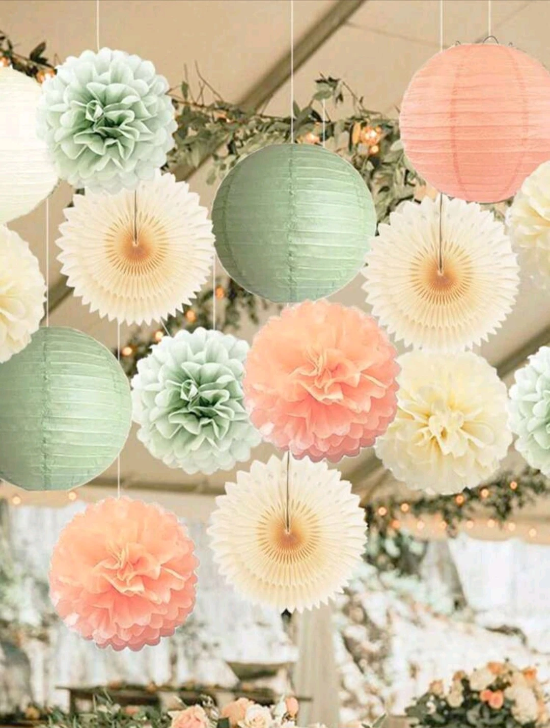 15 pcs. DECOR SET - lanterns, flower pompoms, fans - photo 5