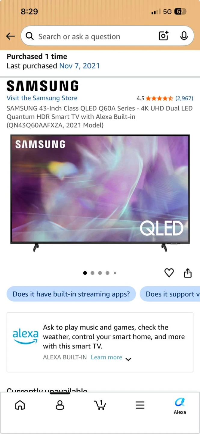 SAMSUNG 43-Inch QLED Q60A Series 4K UHD Smart TV