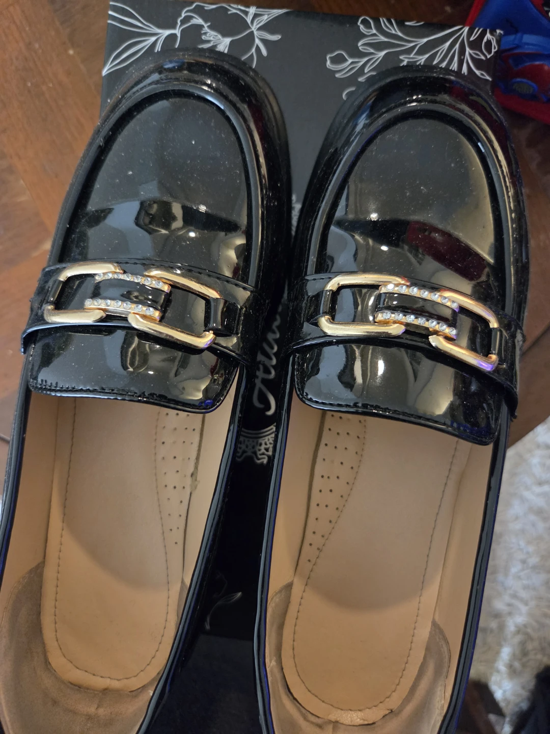 Atalina Black Patent Loafers with Gold Buckle