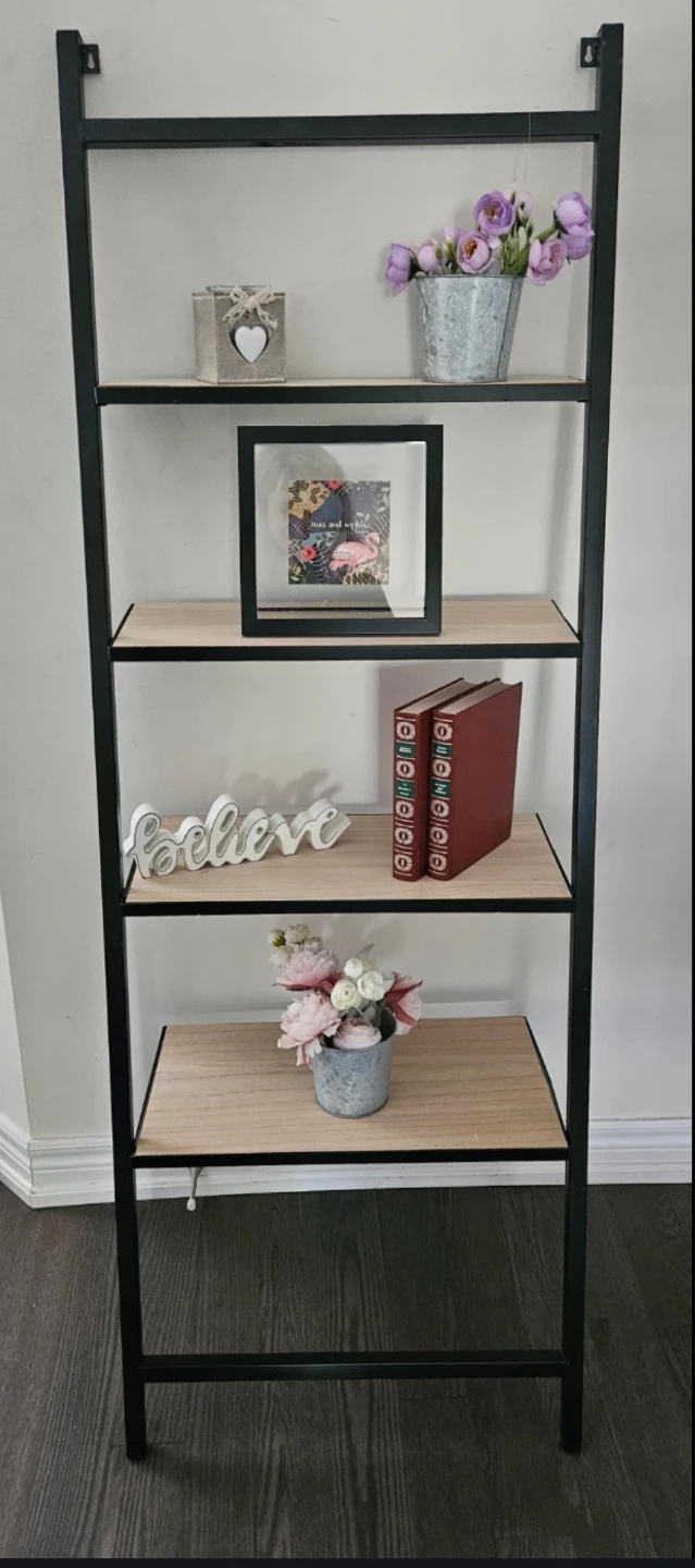 Ladder Bookshelf - Black Metal Frame with Wood Shelves - photo 2