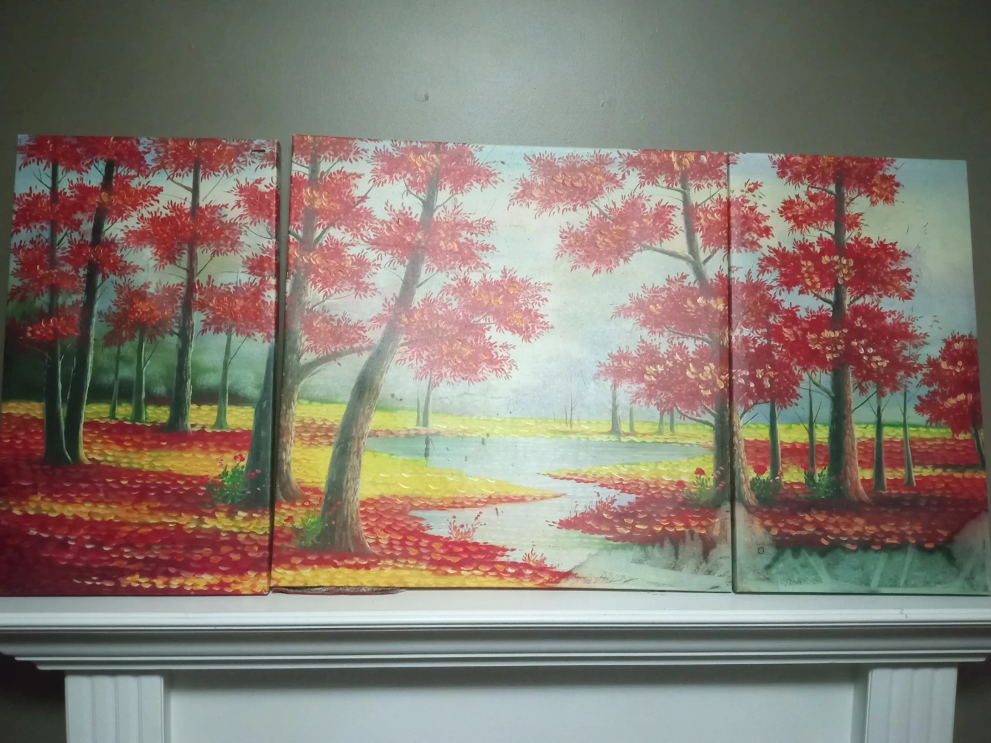 Triptych Canvas Wall Art - Red Maple Trees & Lake Scene - photo 2