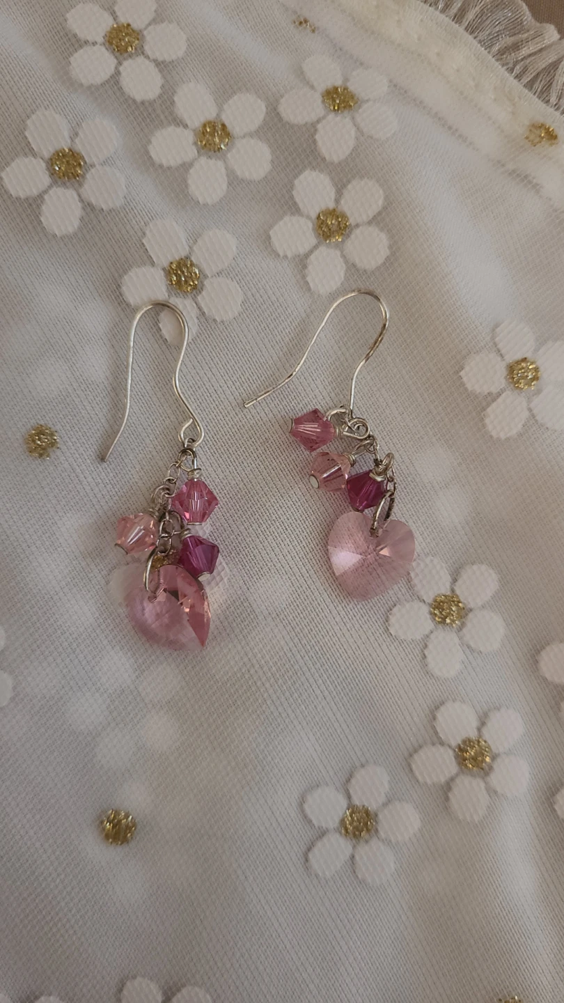 Pink Heart and Crystal Dangle Earrings