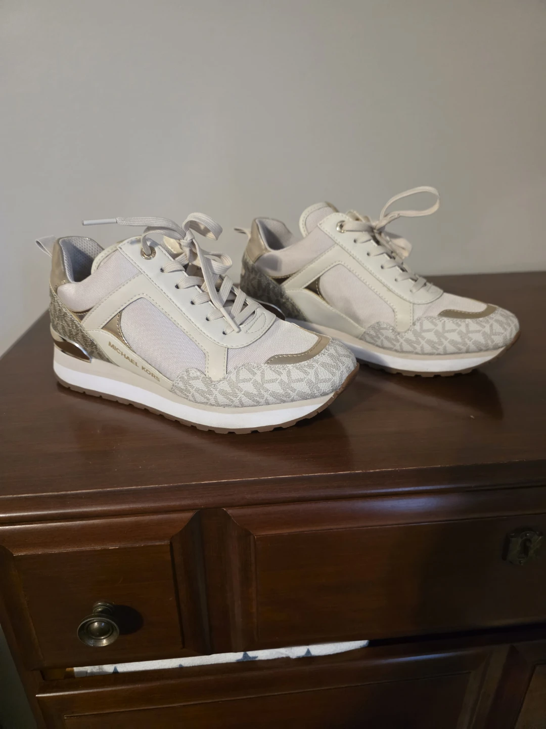 Michael Kors MK Beige & Gold Monogram Sneakers