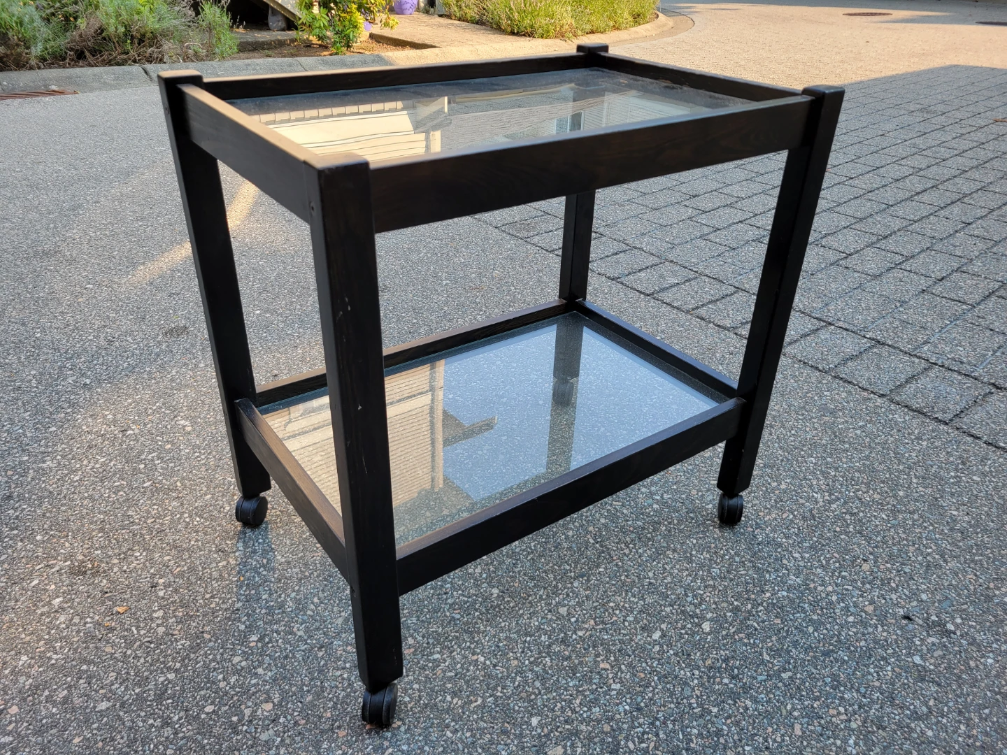 ​Modern Black Wooden Rolling Cart with Glass Shelves
