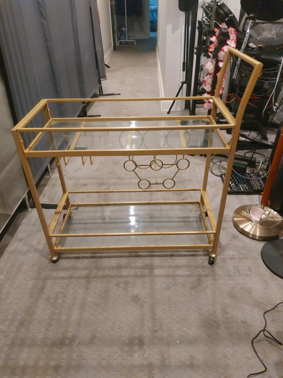 Gold Bar Cart with Glass Shelves