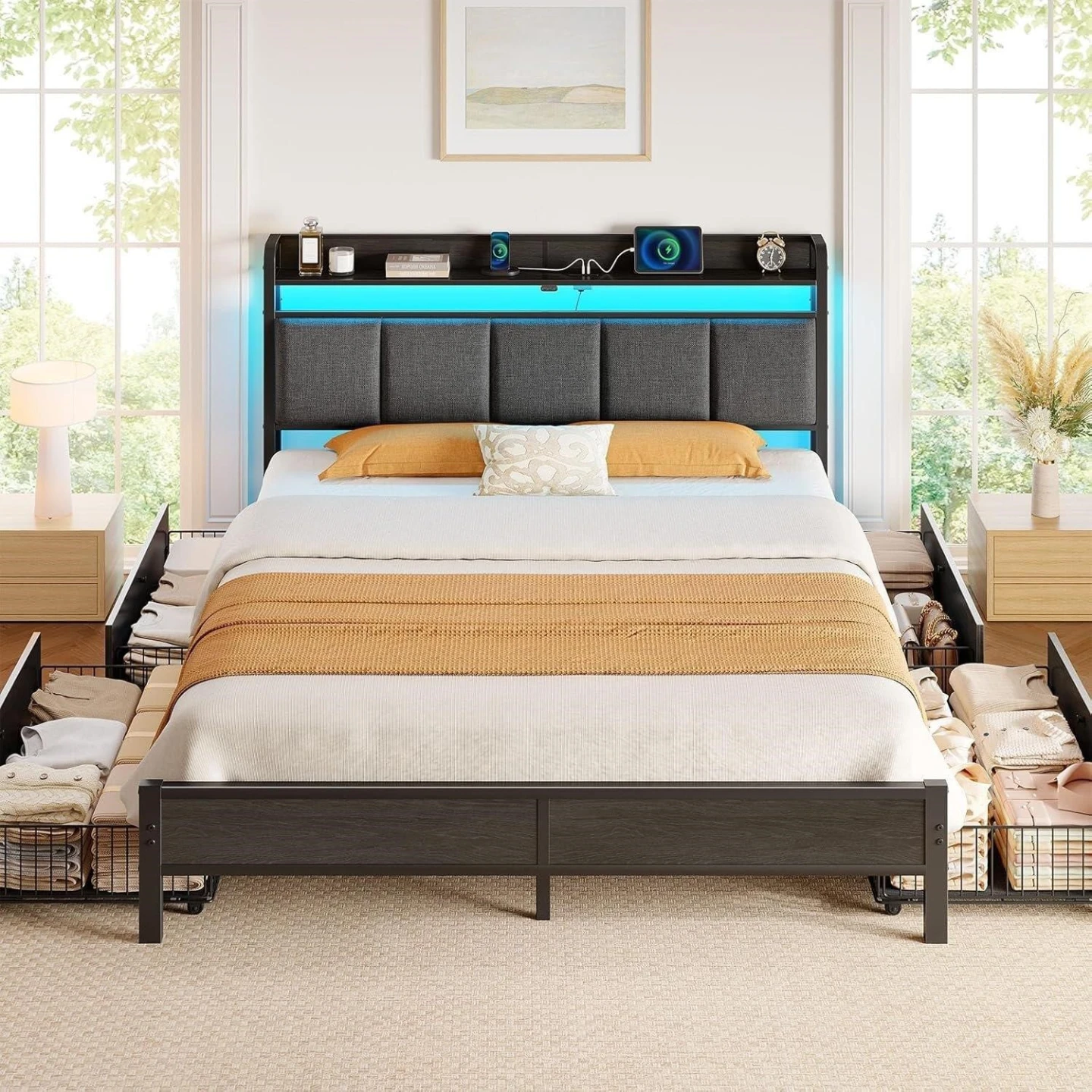 Queen Size Bed Frame with RGB Headboard & 4 Storage Drawers