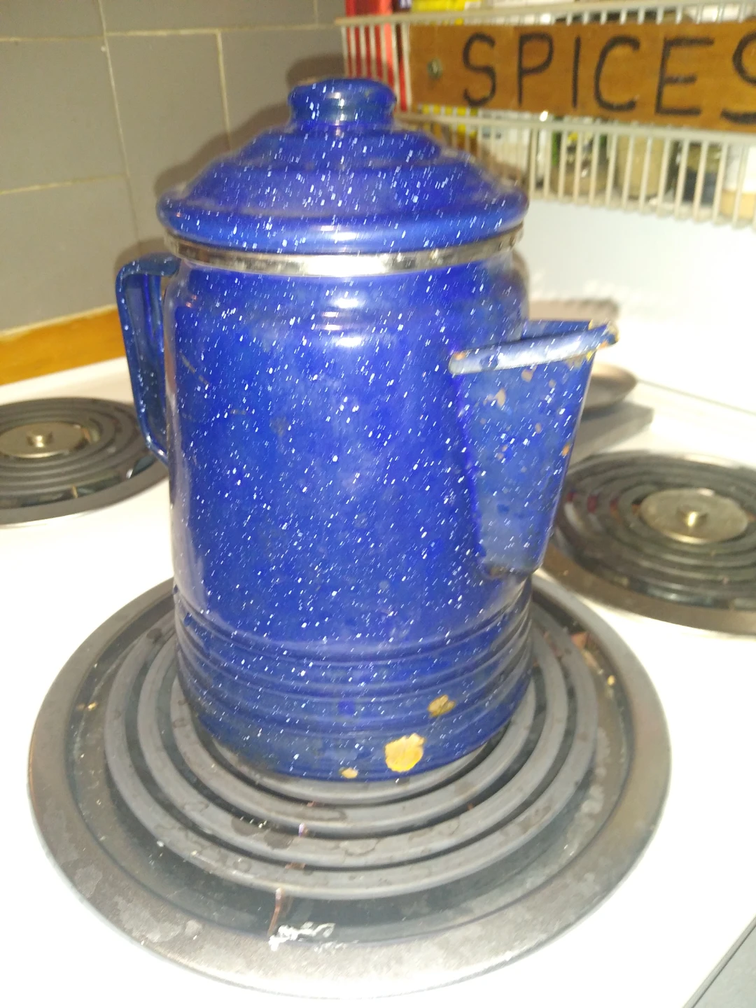 Vintage metal and blue enamel coffee pot