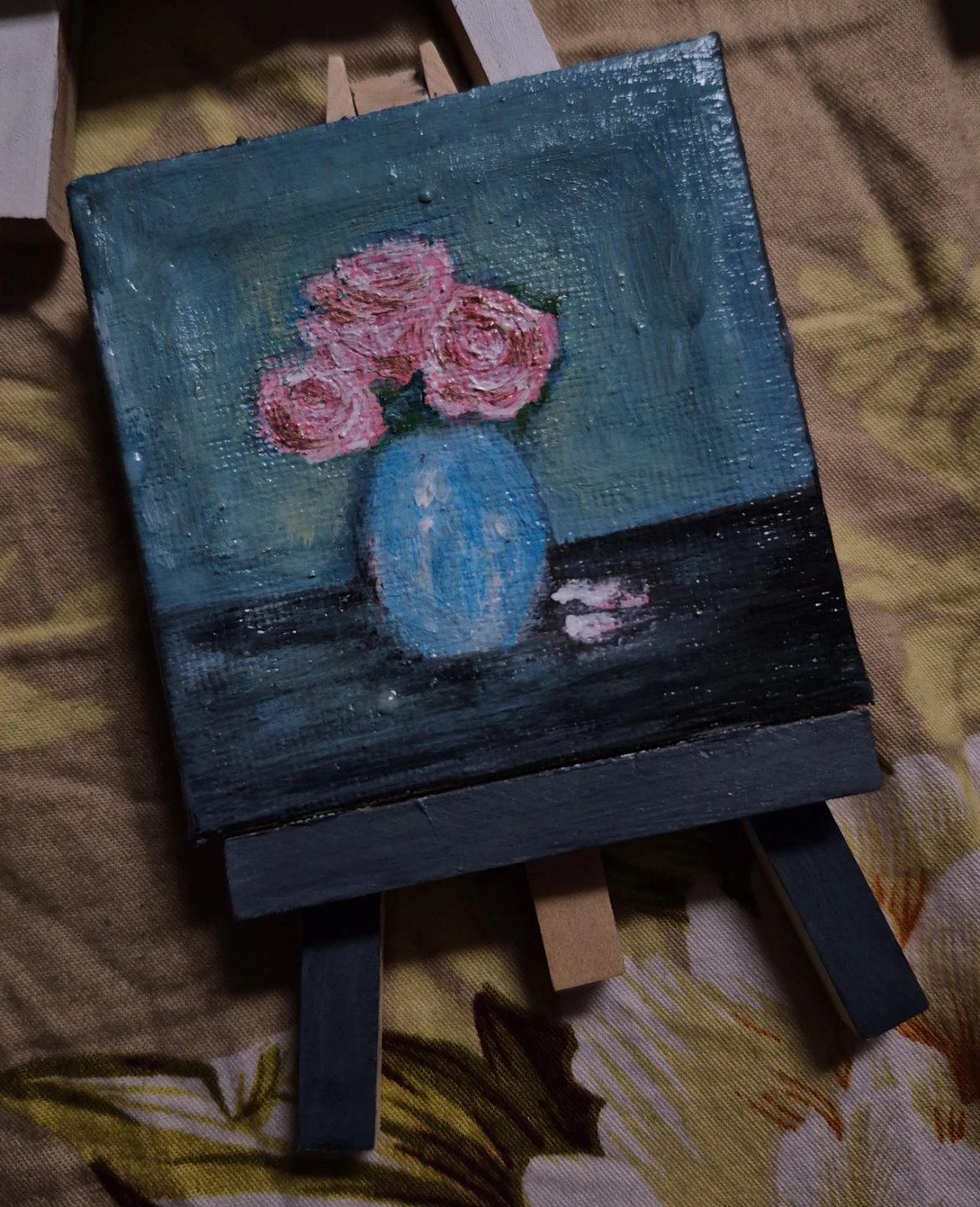 Miniature Painting of Pink Roses in Blue Vase
