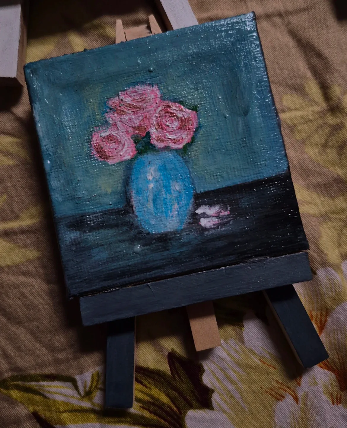 Miniature Painting of Pink Roses in Blue Vase
