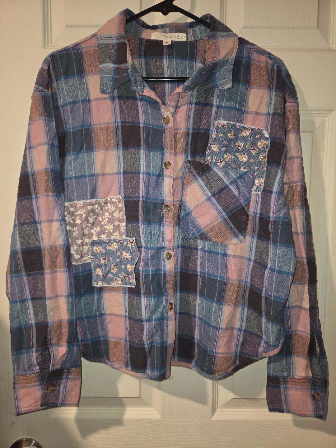 Rewind Plaid Flannel Shirt with Floral Patches - Size L