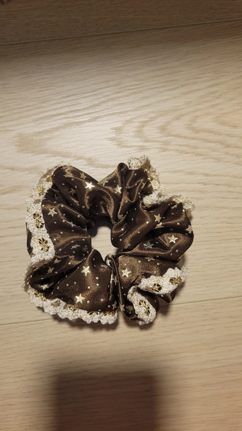 Brown Star Print Scrunchie with Lace Trim