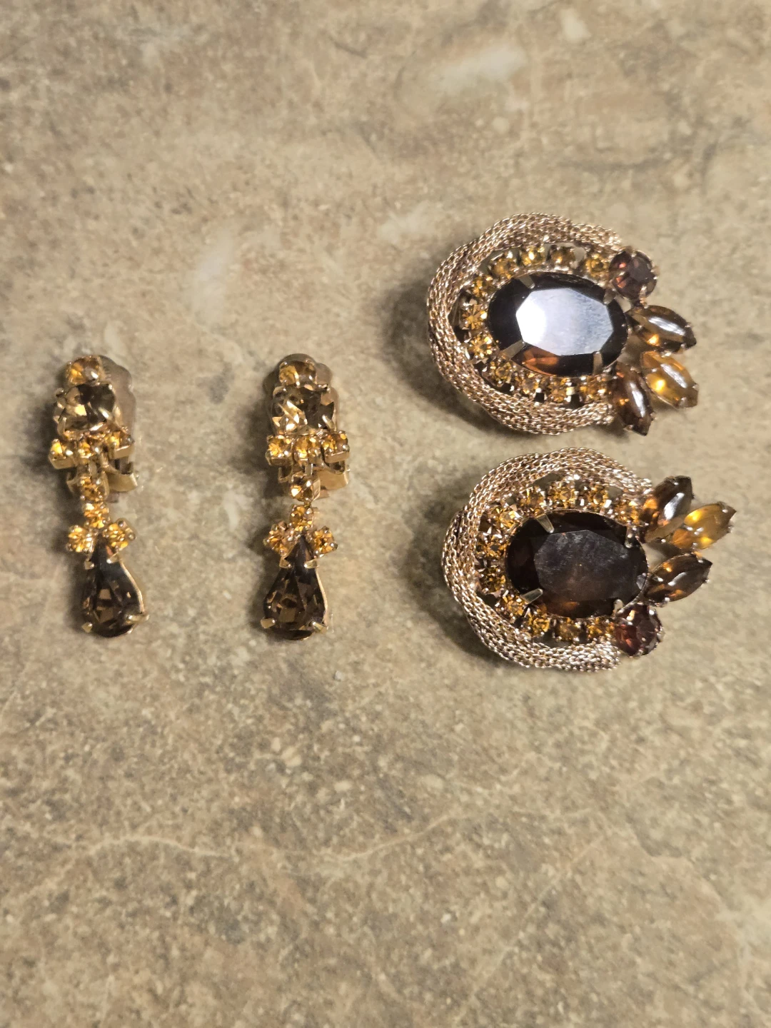 Vintage Clip-On Earrings Sets- Brown and Amber Stones