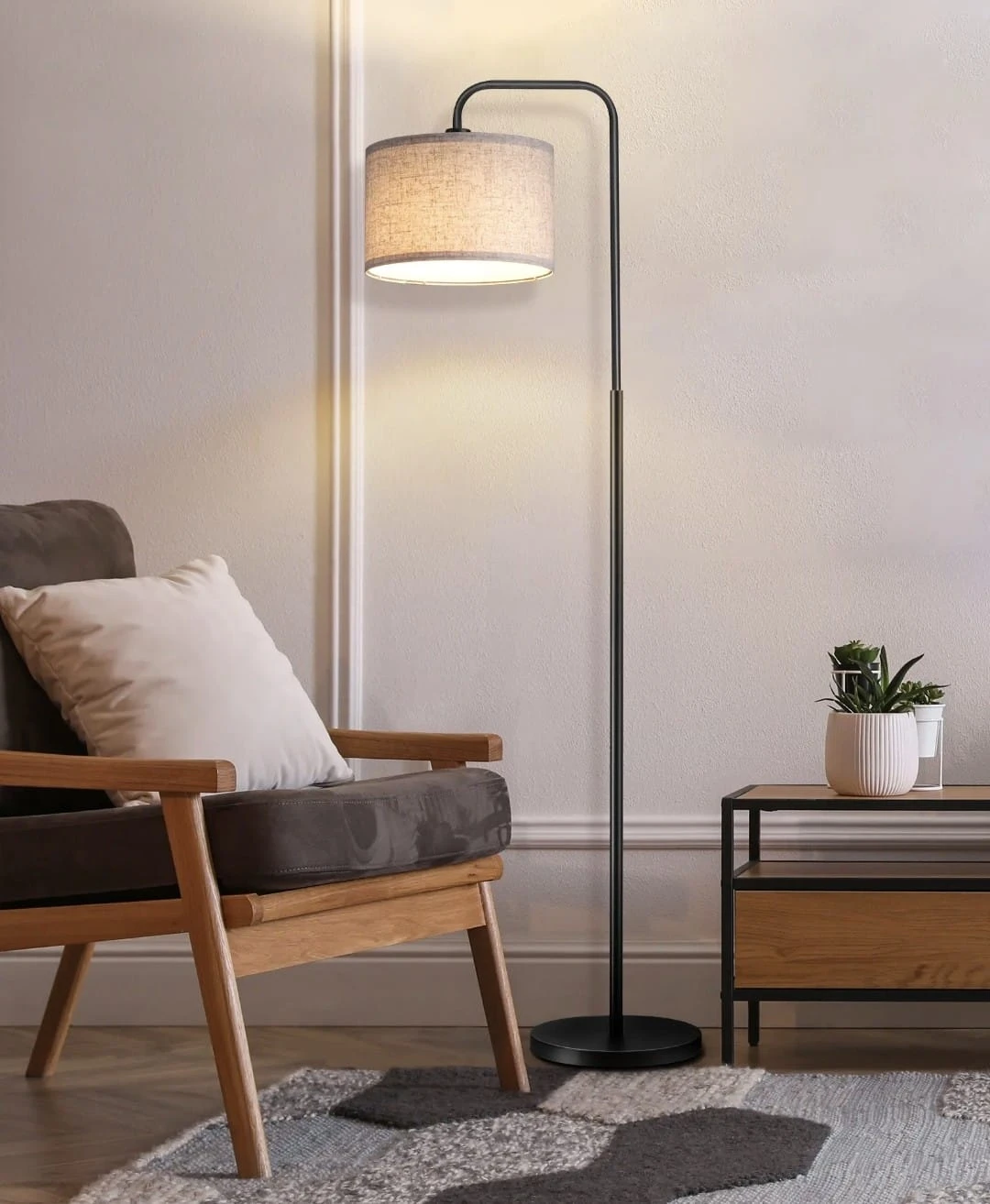 Black Floor Lamp with Beige Drum Shade