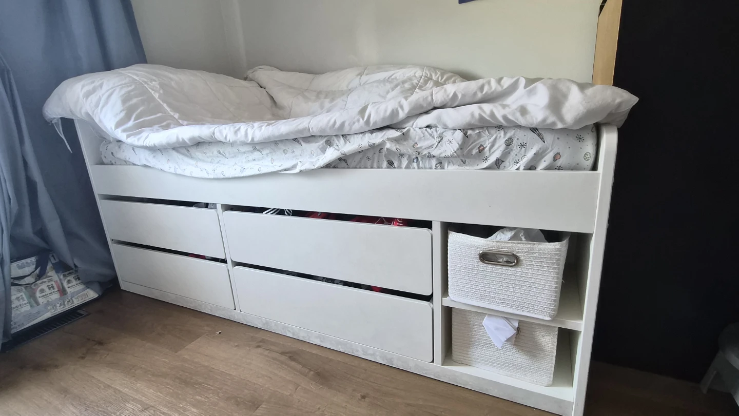 Ikea White Twin Bed Frame with Drawers and Shelves
