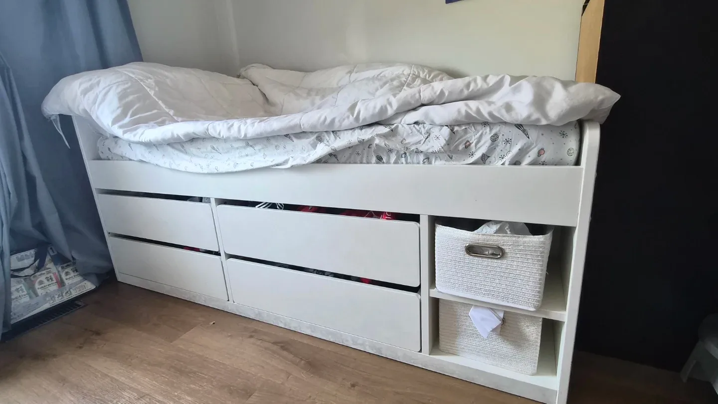 Ikea White Twin Bed Frame with Drawers and Shelves
