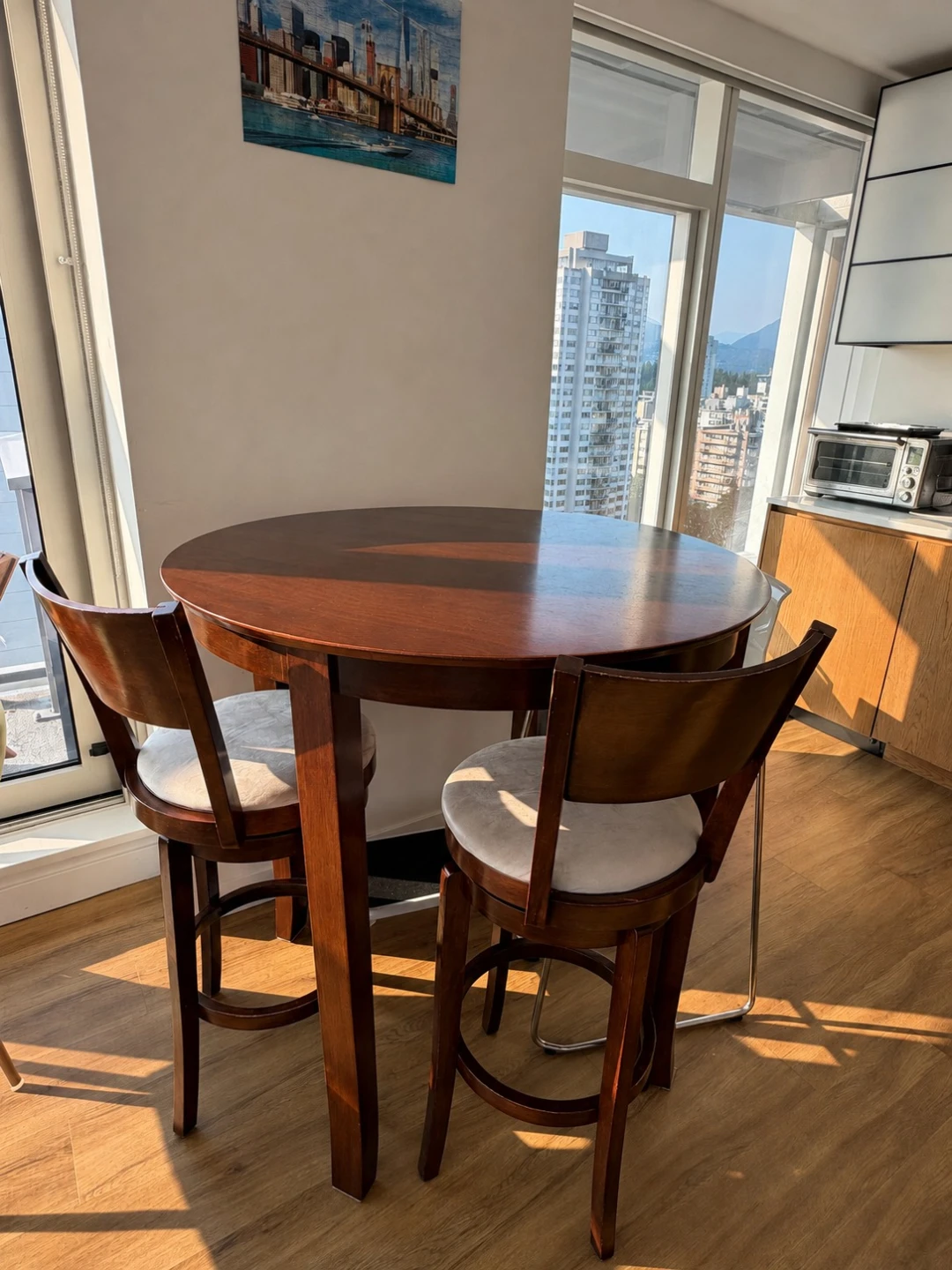 Round Wood Counter Height Table with 2 Swivel Stools