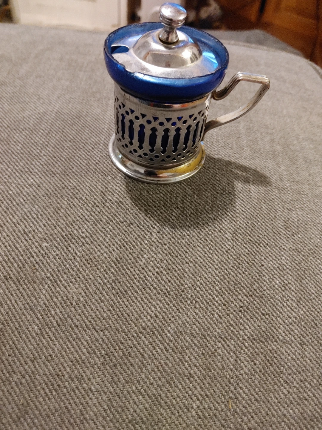 Vintage Blue Glass and Metal Mustard Holder Japan