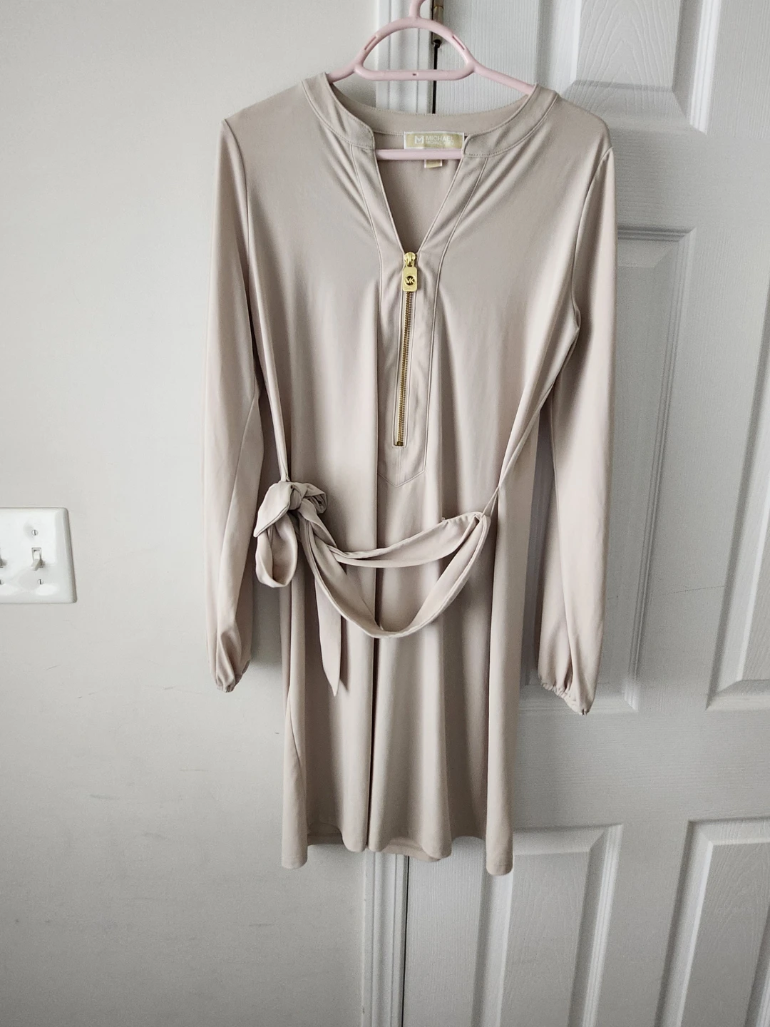 MICHAEL KORS Beige Zip Front Dress with Tie Belt