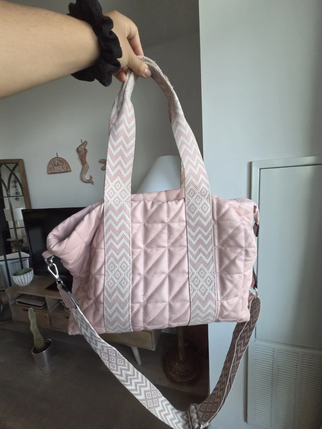 Pink Quilted Tote Bag with Patterned Straps