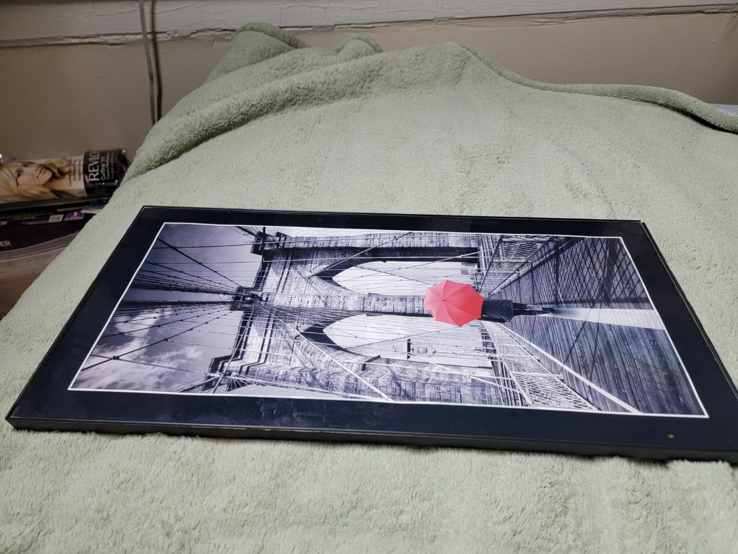 Framed Brooklyn Bridge Artwork with Red Umbrella - photo 3