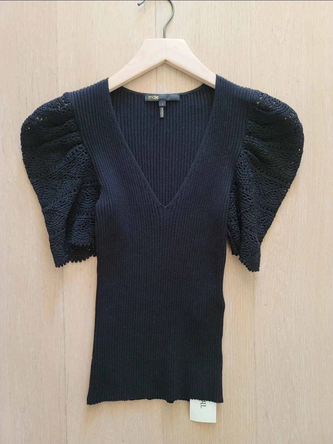 Maje Black Ribbed V-Neck Top with Puff Sleeves Size 1