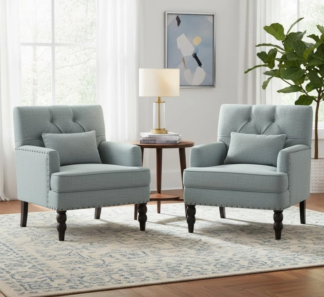 Set of 2 Light Blue Upholstered Club Chairs