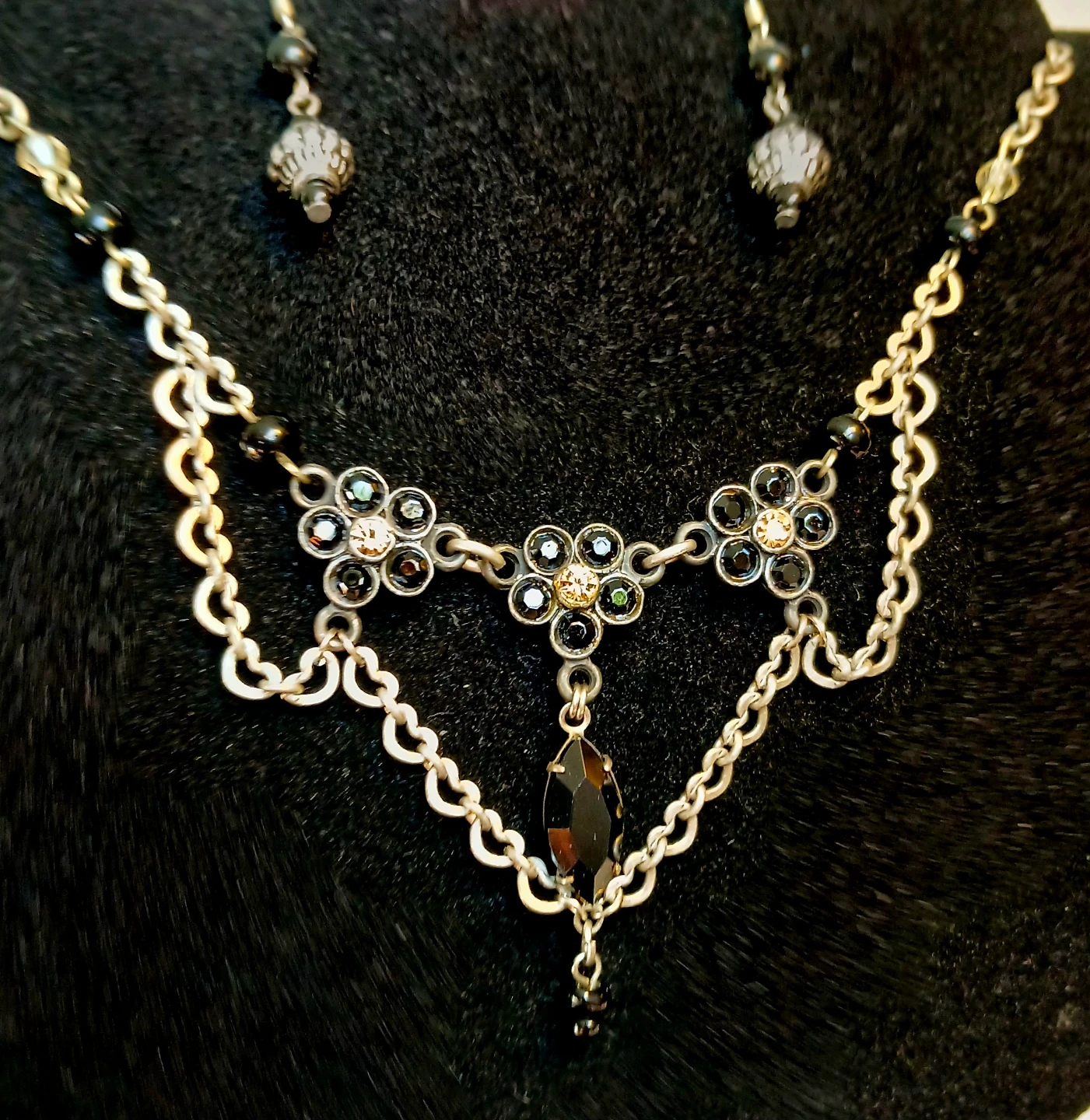 Silver Tone Necklace and Earring Set with Black Gems
