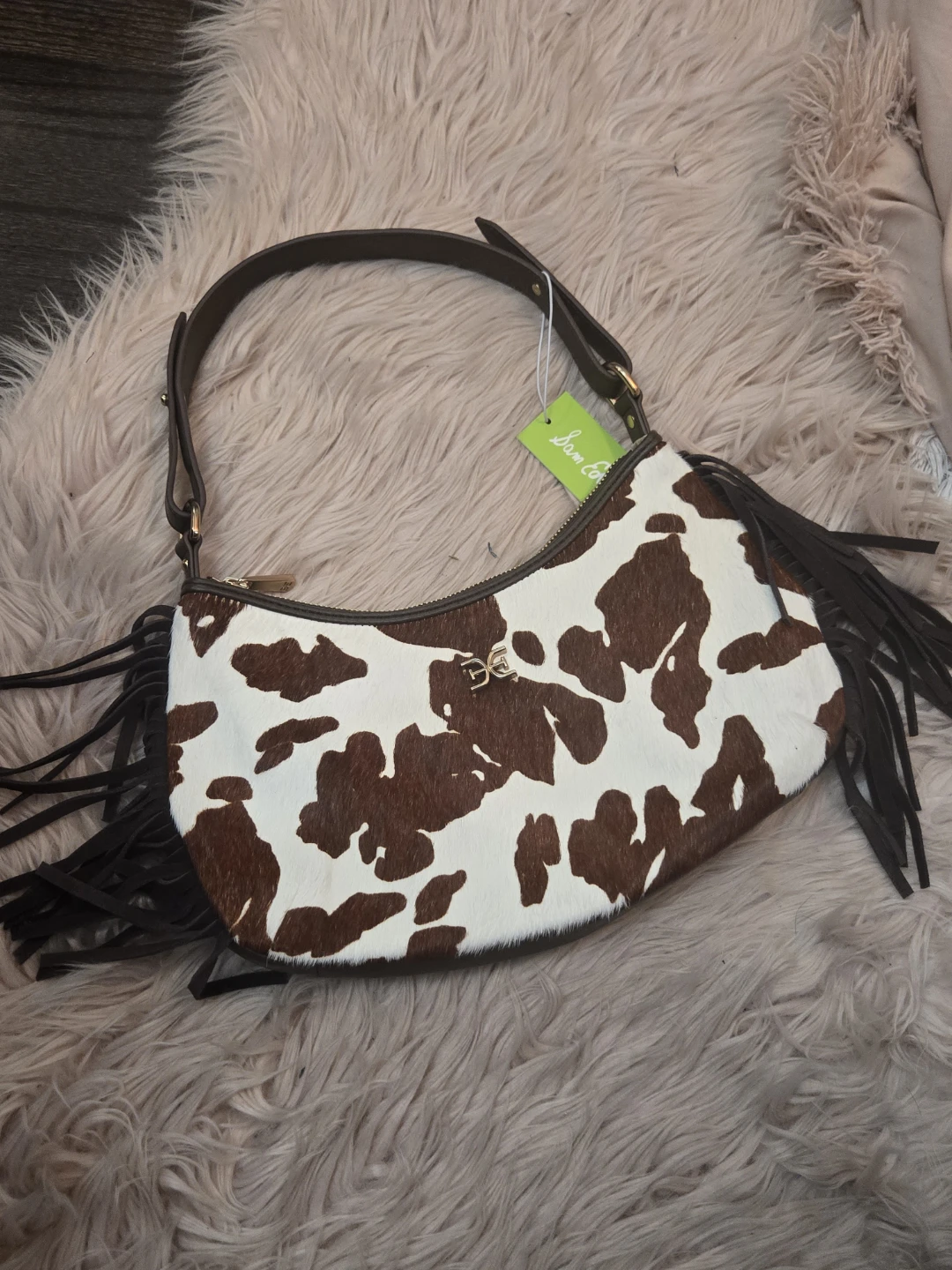 Sam Edelman Cow Print Shoulder Bag with Fringe
