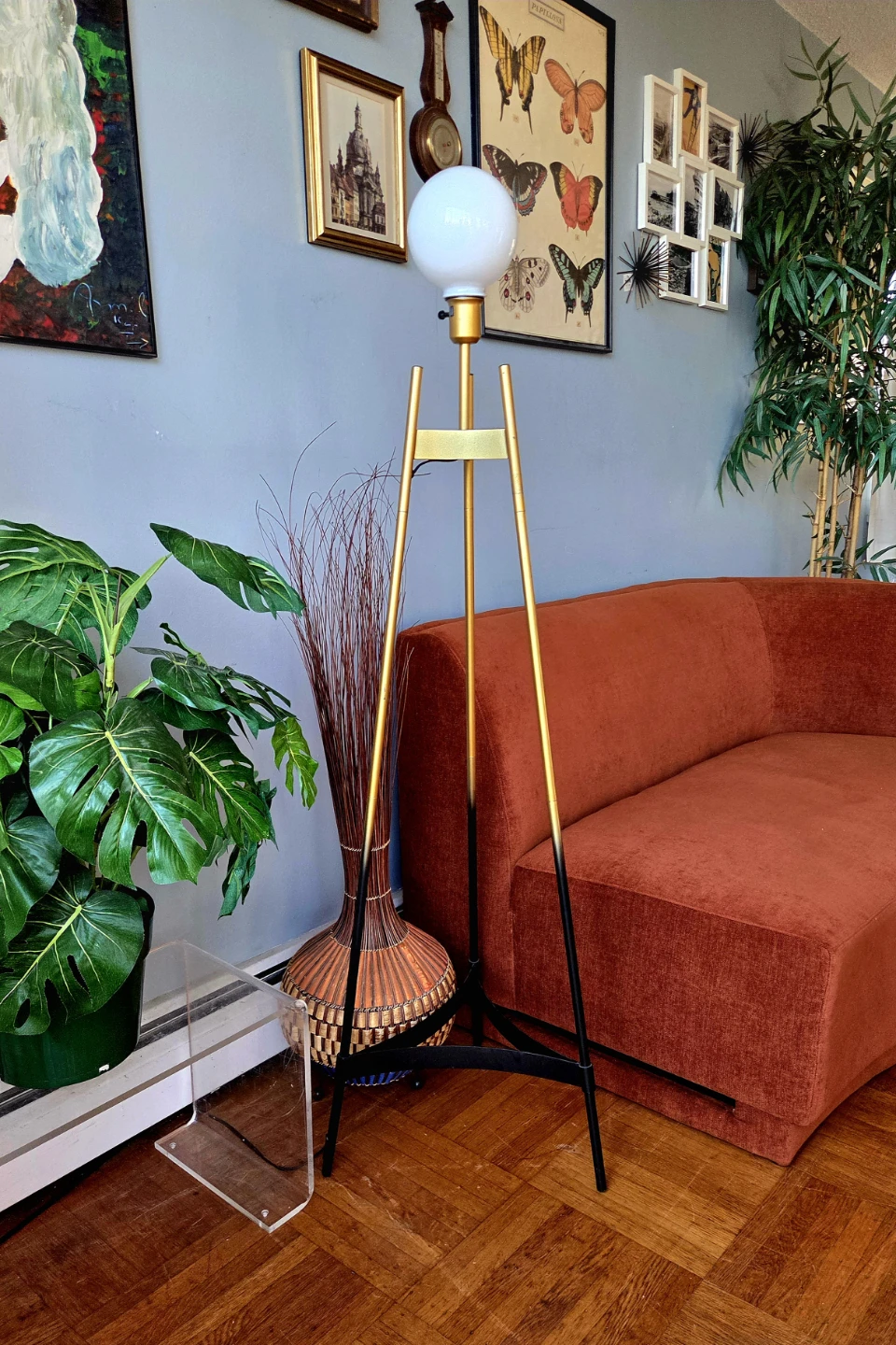 Modern Gold Milkglass Orb Tripod Floor Lamp