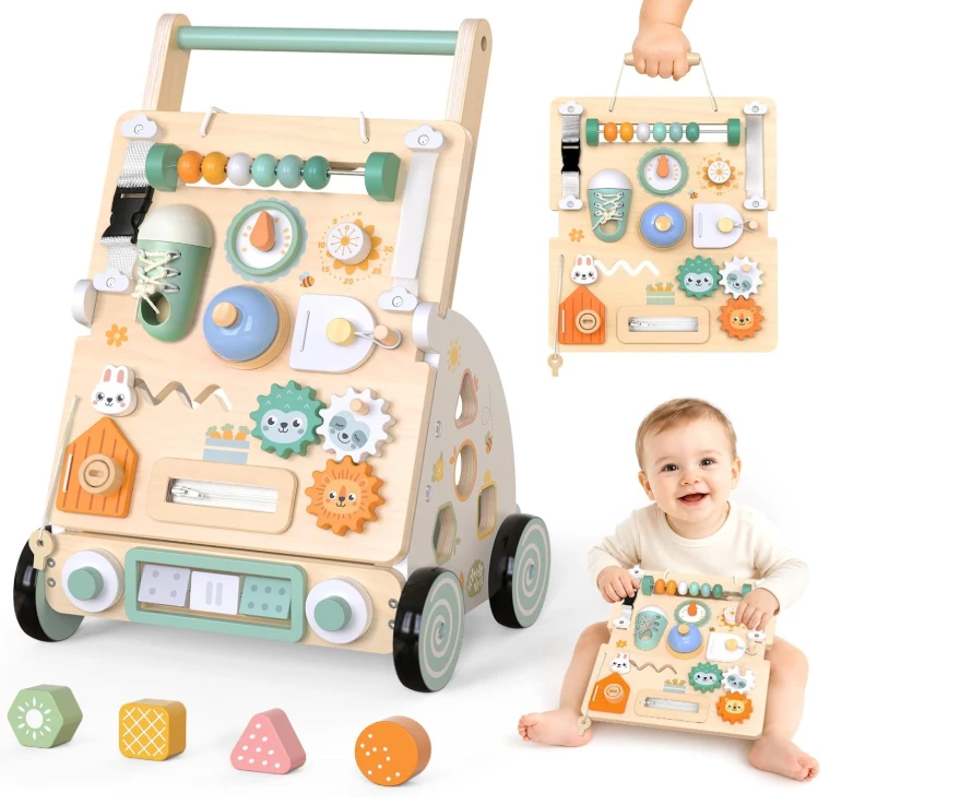 Hewaurion 2-in-1 Wooden Baby Walker & Detachable Busy Board
