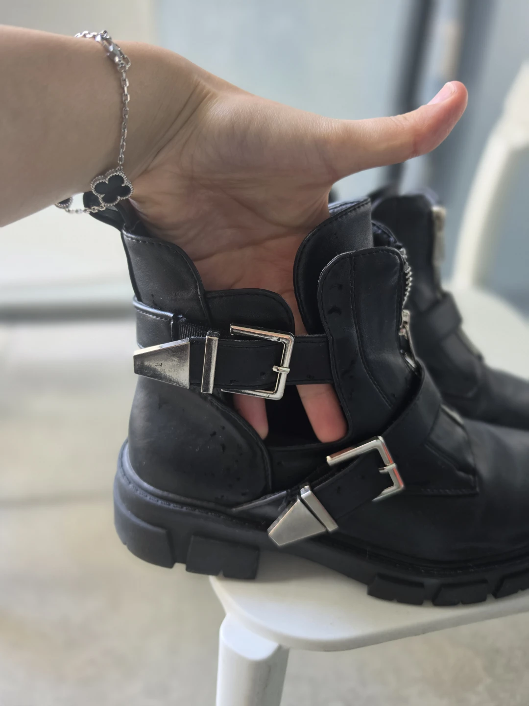 Black Buckle Strap Combat Boots - photo 2