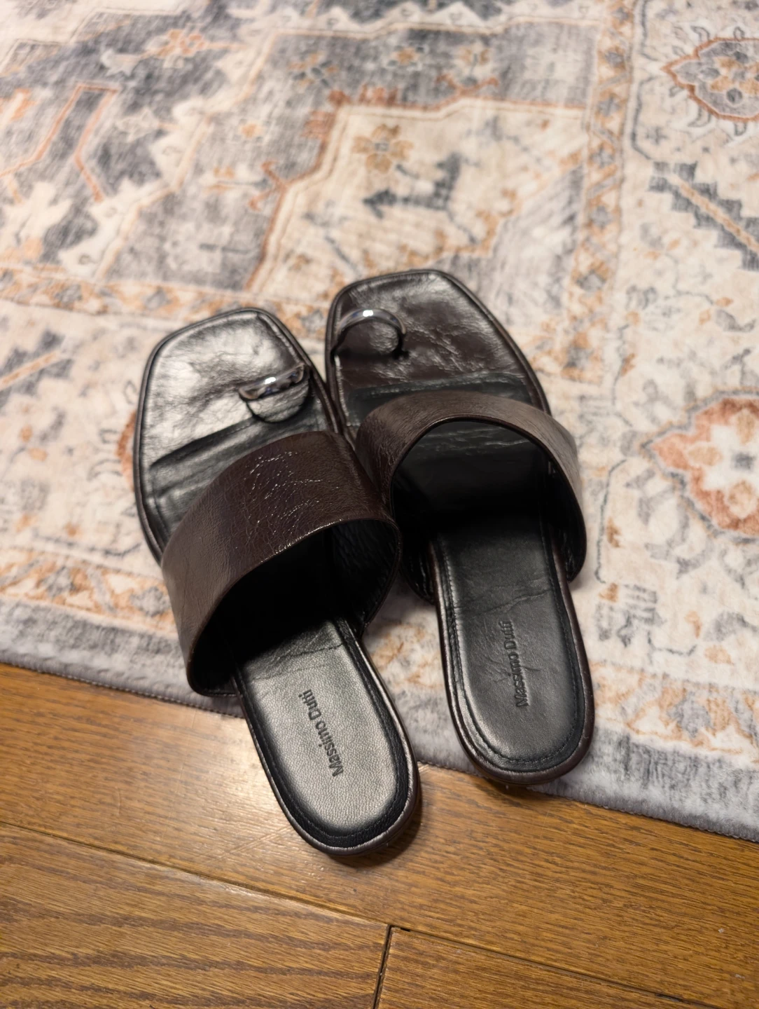 Massimo Dutti Leather Toe Ring Slides - Brown