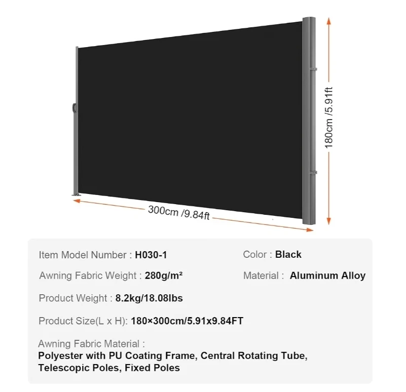 Retractable Side Awning Black 300cm x 180cm - photo 3