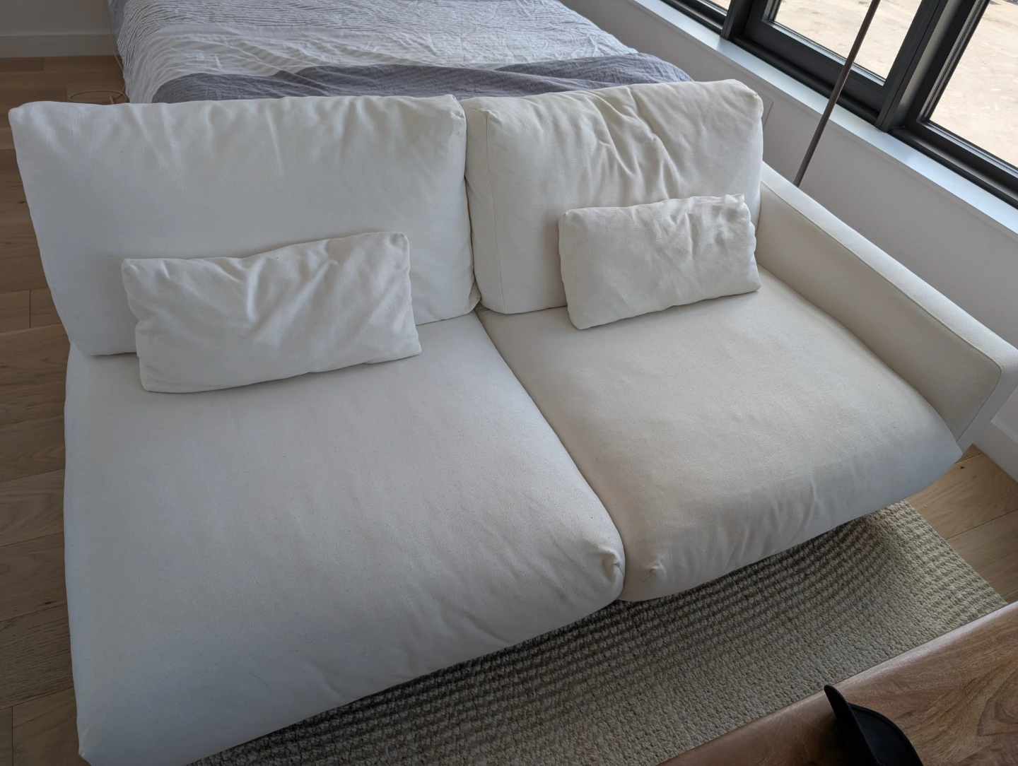 White Fabric Sofa with Wood Base - photo 4