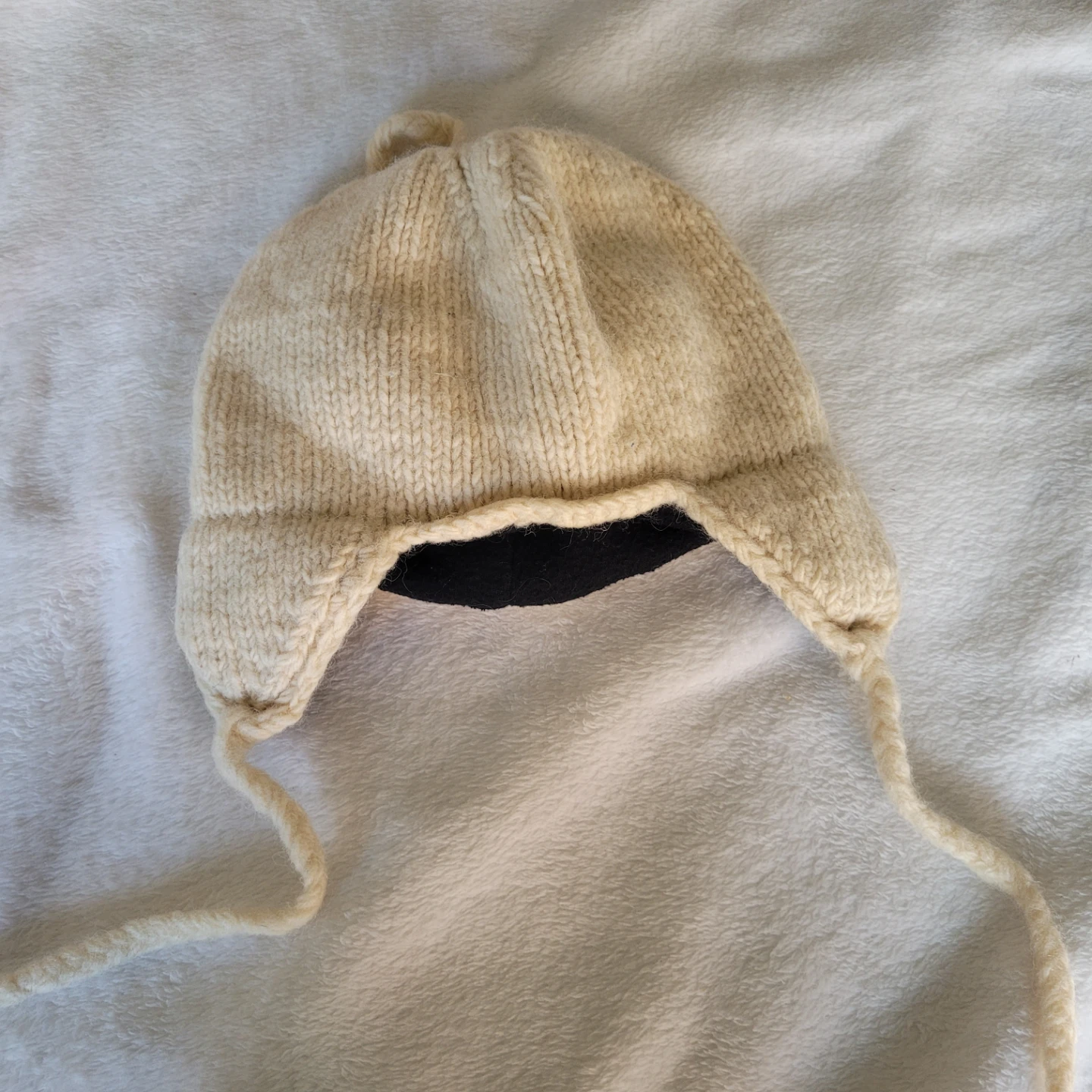 Cream Knit Winter Hat with Ties