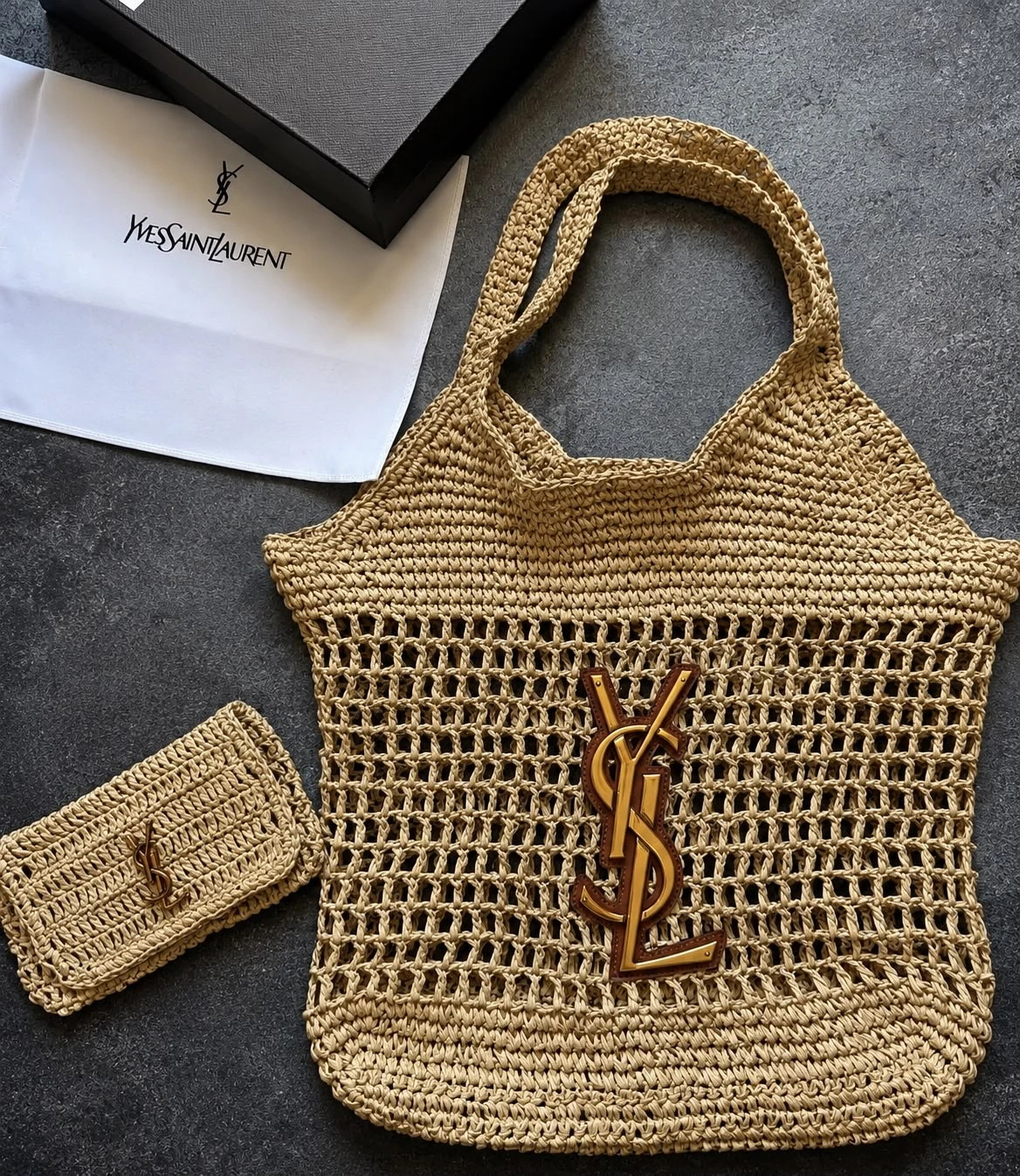 Yves Saint Laurent Straw Tote Bag with Pouch