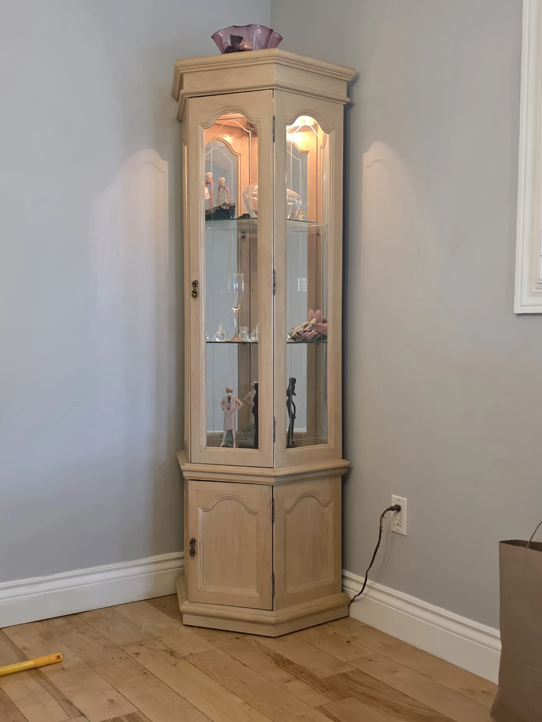 Light Wood Corner Curio Cabinet with Glass Doors - photo 2