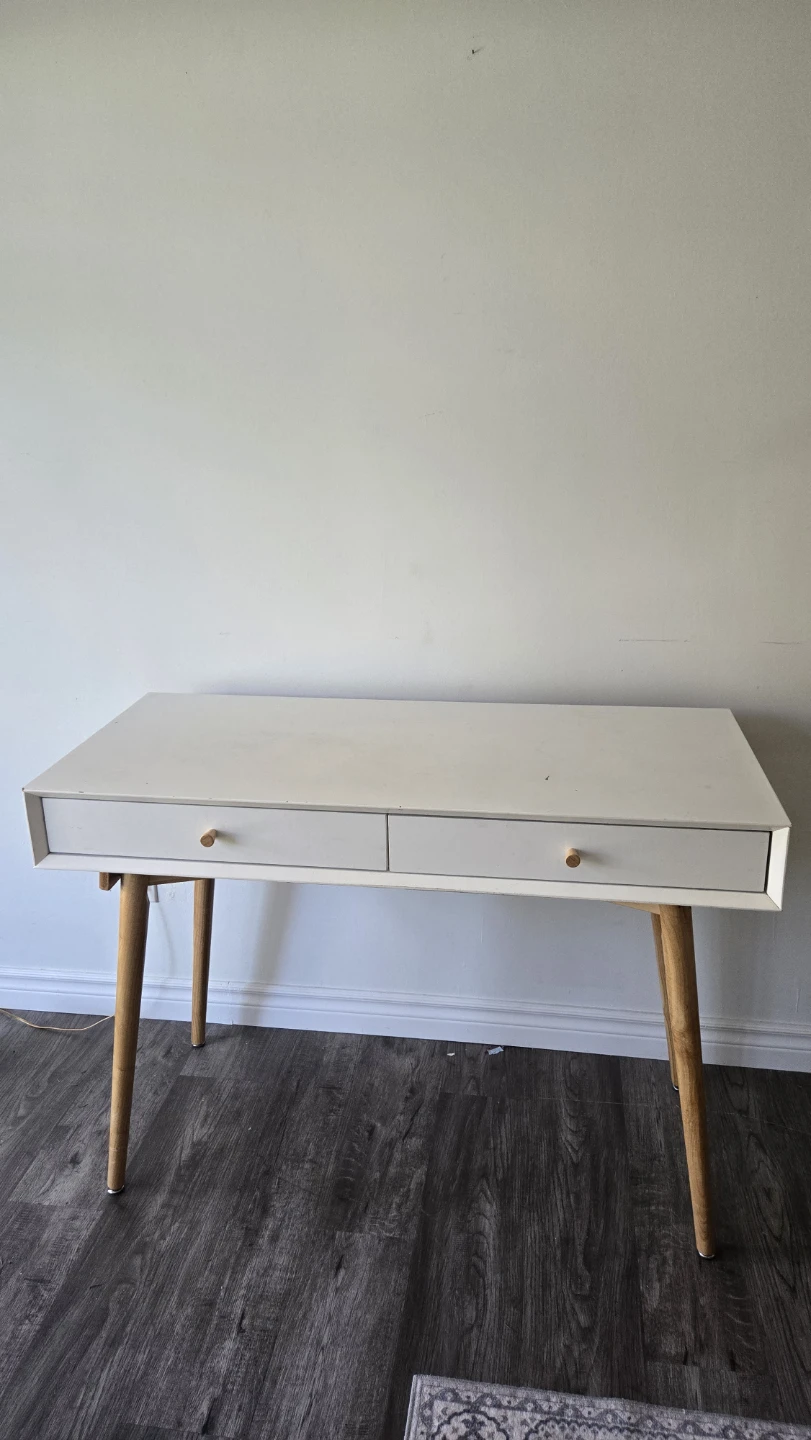White 2-Drawer Desk with Wood Legs