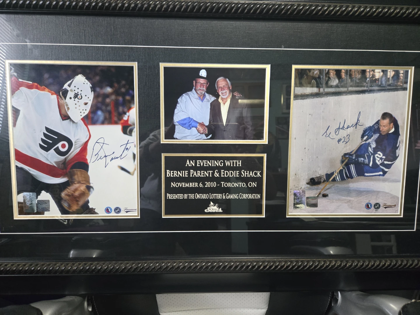 Framed Autographed Photo of Eddie Shack & Bernie Parent