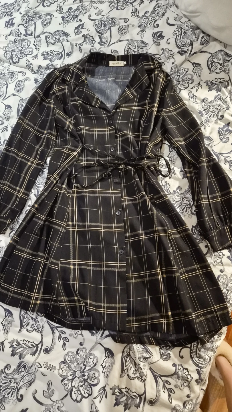 Plaid Button-Up Dress with Belt - photo 2