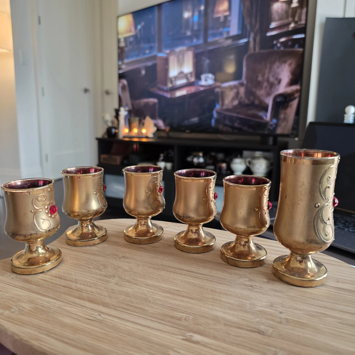 Set of 6 Vintage Gold Goblets with Red Gems - photo 5