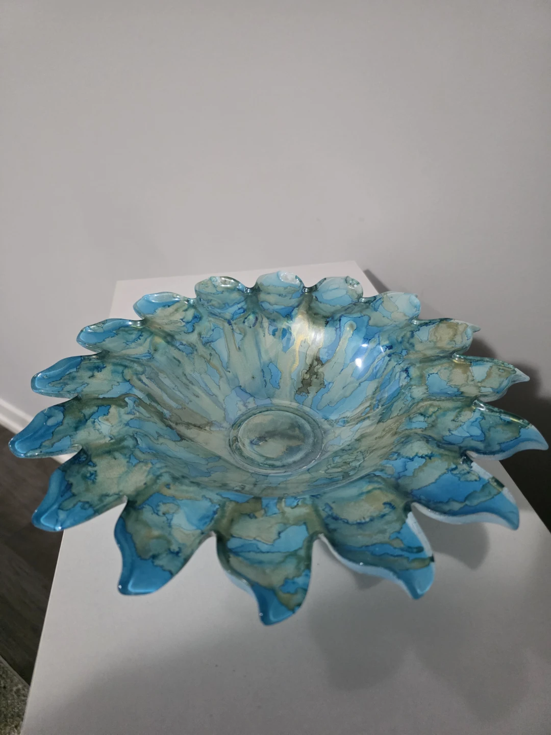 Blue Marbled Glass Flower Bowl - photo 4