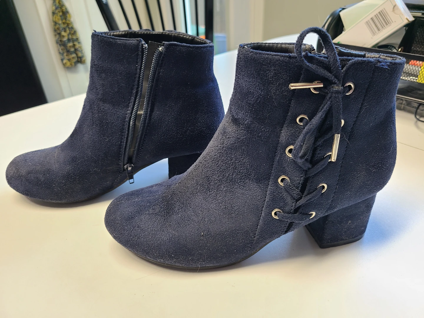 Navy Blue Suede Lace-Up Ankle Boots - photo 2