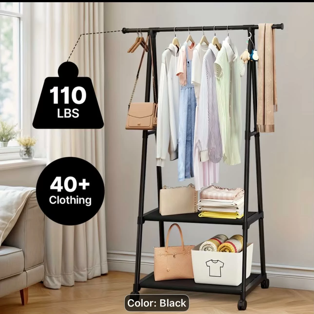 Black Rolling Garment Rack with 2 Shelves - photo 3