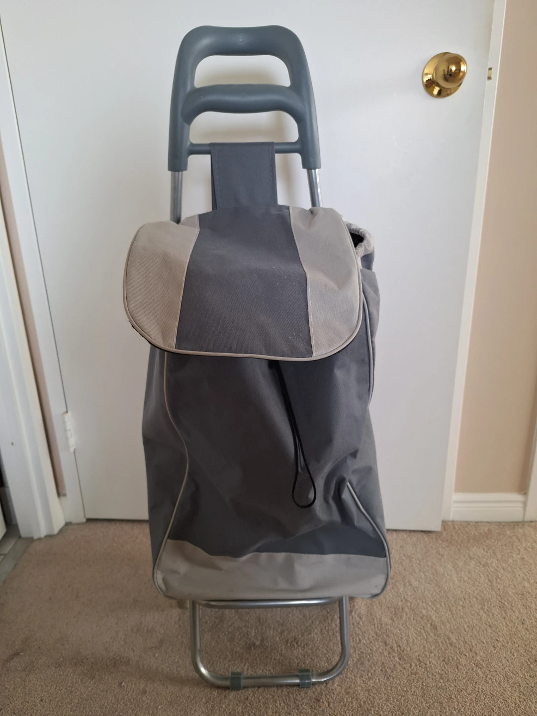 Grey rolling shopping trolley with drawstring