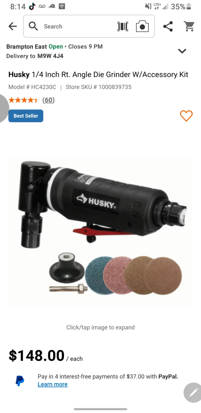 Brand new Husky 1/4 Inch Angle Die Grinder with Accessory Kit