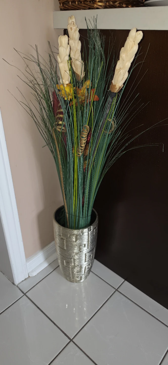 Decorative Tall Grass Plant in Silver Pot