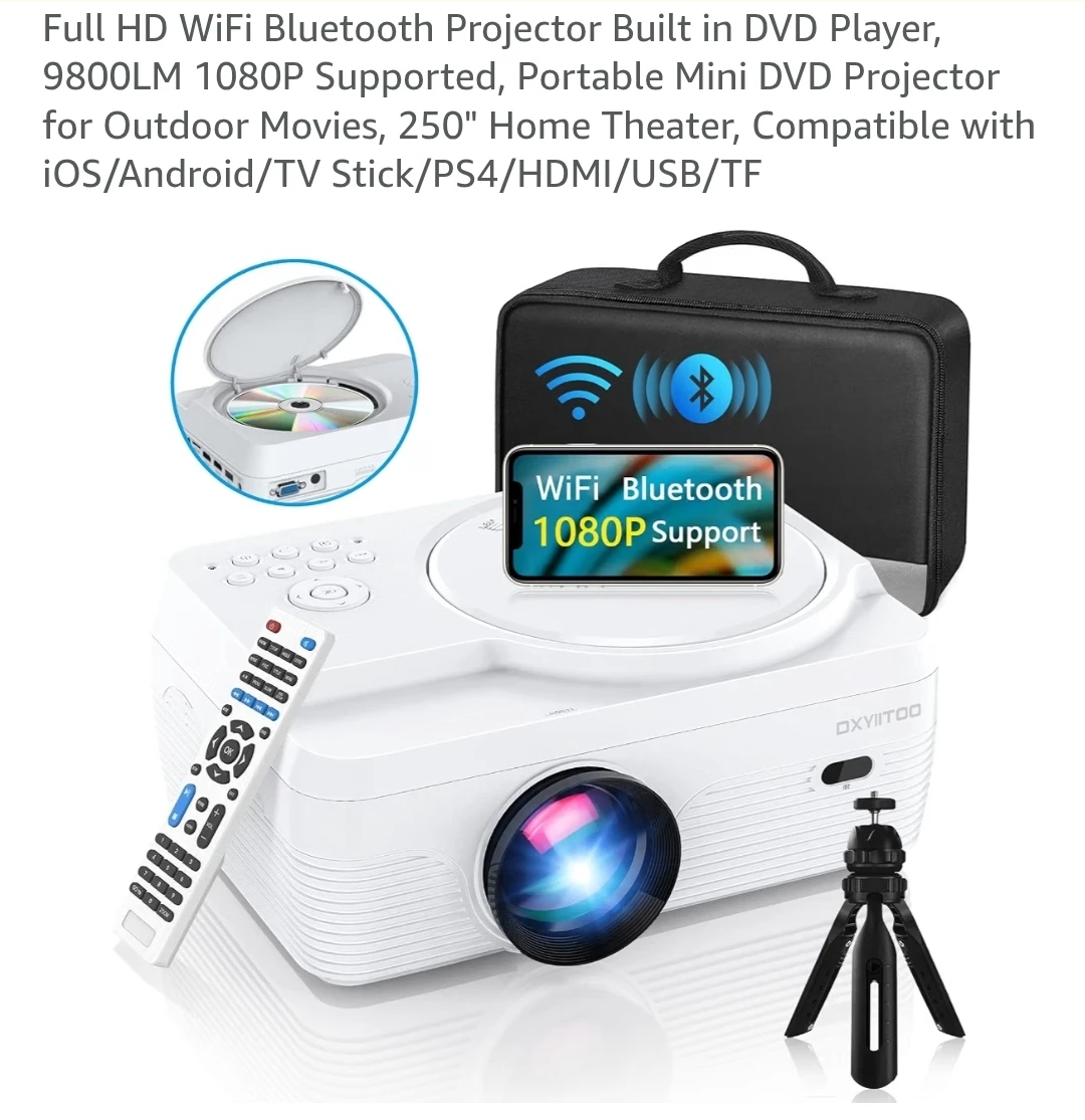 OXYIITOO Full HD WiFi Bluetooth Projector with DVD Player