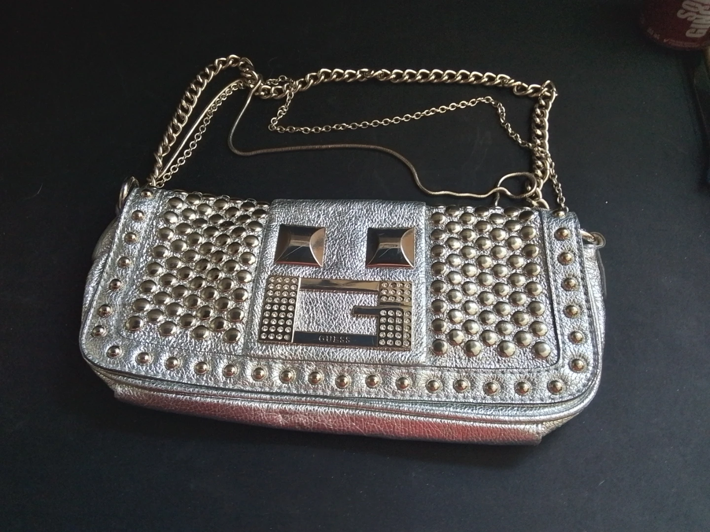Guess Silver Studded Clutch Bag with Chain Straps