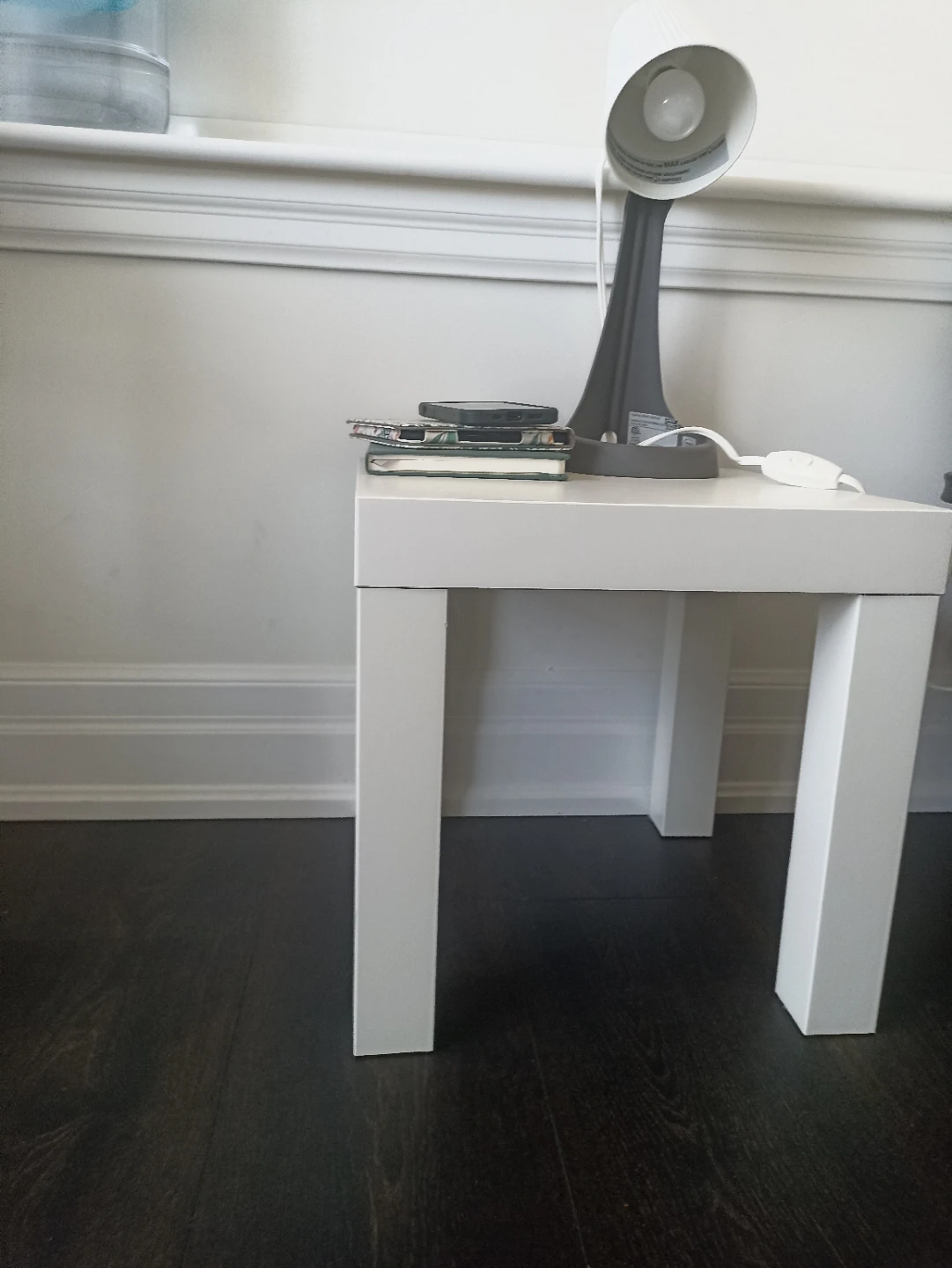 White IKEA Side Table with lamp and bulb
